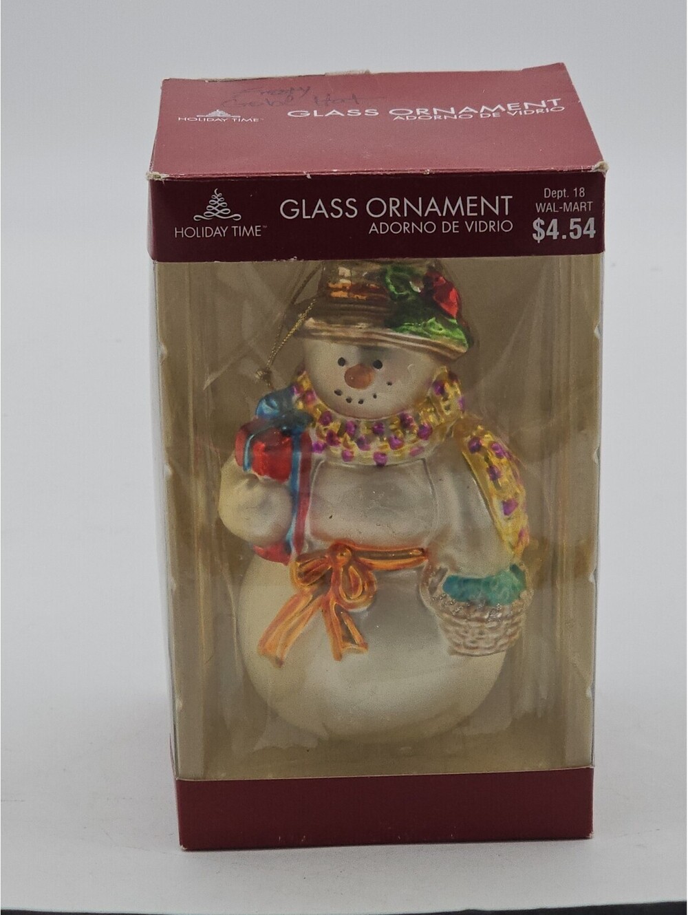 Vintage Holiday Time Glass Snowman Christmas Ornament NIB Dept 18 Rare 6 Inches